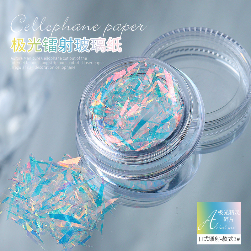 Aurora elfo fragmentos irregulares celofán Corte libre tira flash colorido láser papel uñas pegatina al por mayor