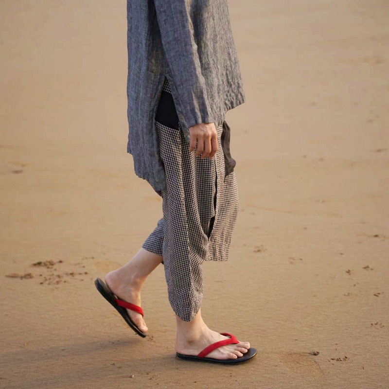 Yang Liping's Plain Linen Patchwork Skirt-style Pants with Buckle Small Crowd Personality Travel Fisherman Pants