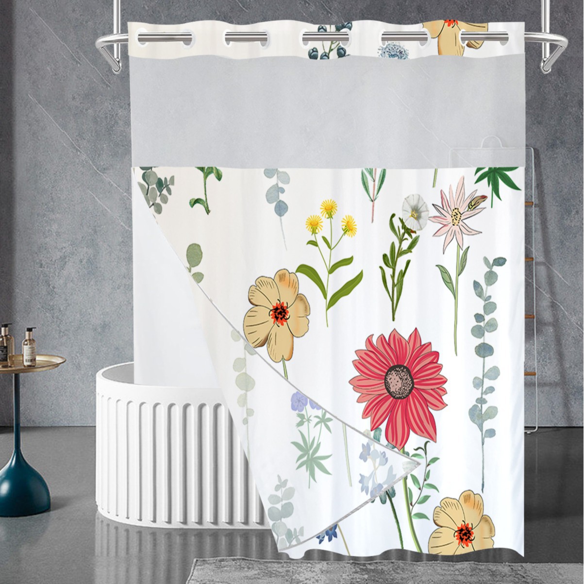 La cortina de baño impermeable con impresión digital de anillo grande de doble capa del fabricante, cortina de baño de hotel de poliéster pongee, se puede personalizar con imágenes transfronterizas