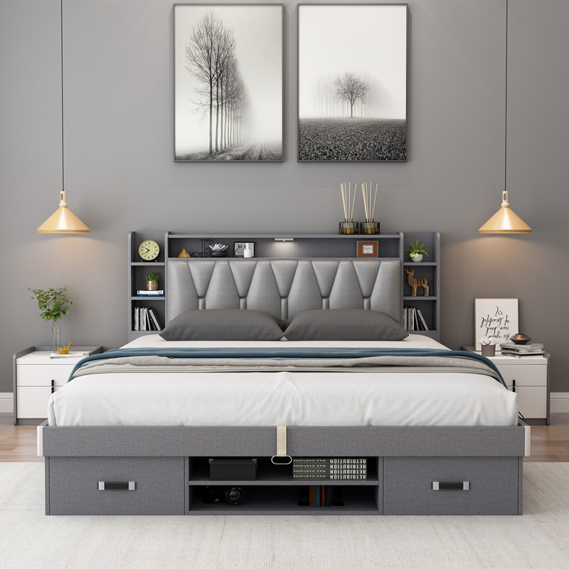 定制气动床1.8米1.5米双人床北欧板式带抽床软包靠 卧室家具