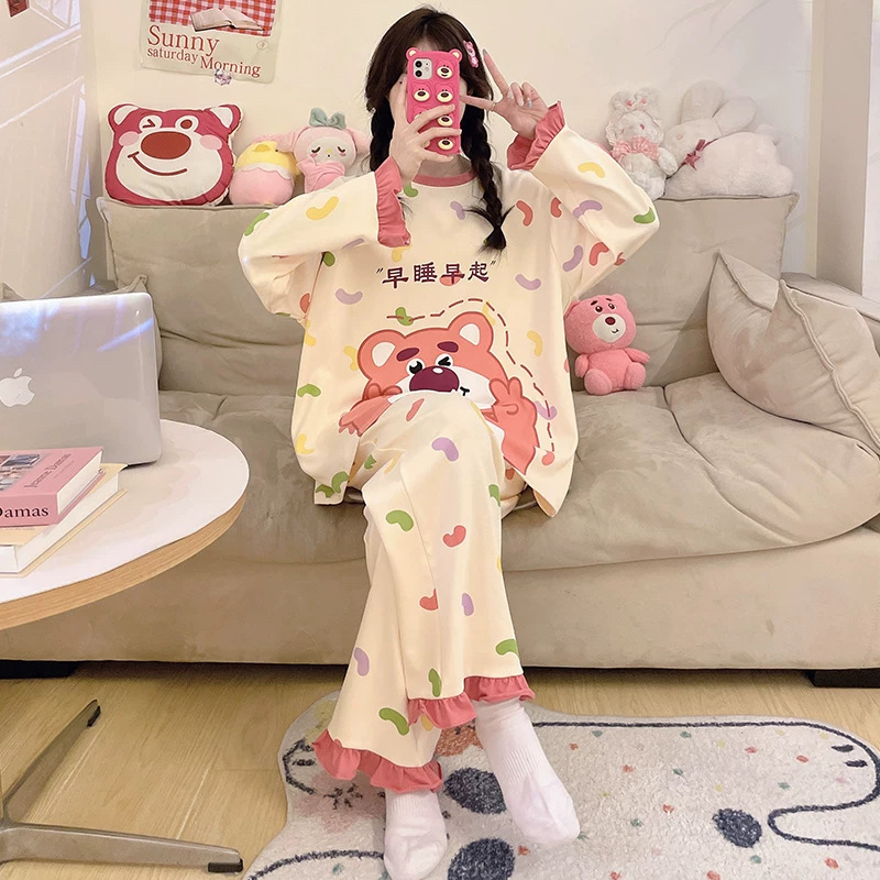 新款睡衣女春秋薄款卡通可爱韩系甜美胖妹妹加肥大码家居服夏空调