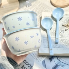 スノーフレークボウルとスプーン釉下色ガーリーハートセラミック食器インスタイルミルクブルー癒しセラミックデザートボウル