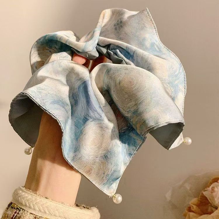 2# starry sky watercolor oil painting pearl pendant square scarf hair tie, approximately 24cm