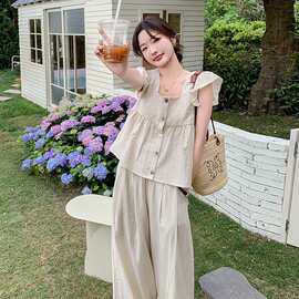 韩系松弛感棉麻套装女夏季小飞袖上衣阔腿裤出游拍照两件套