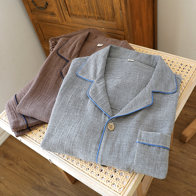 Men's Yarn-Dyed Cotton Pajamas Summer Thin Gauze Short-Sleeved Shorts Suit Lapel Cardigan Home Wear Casual