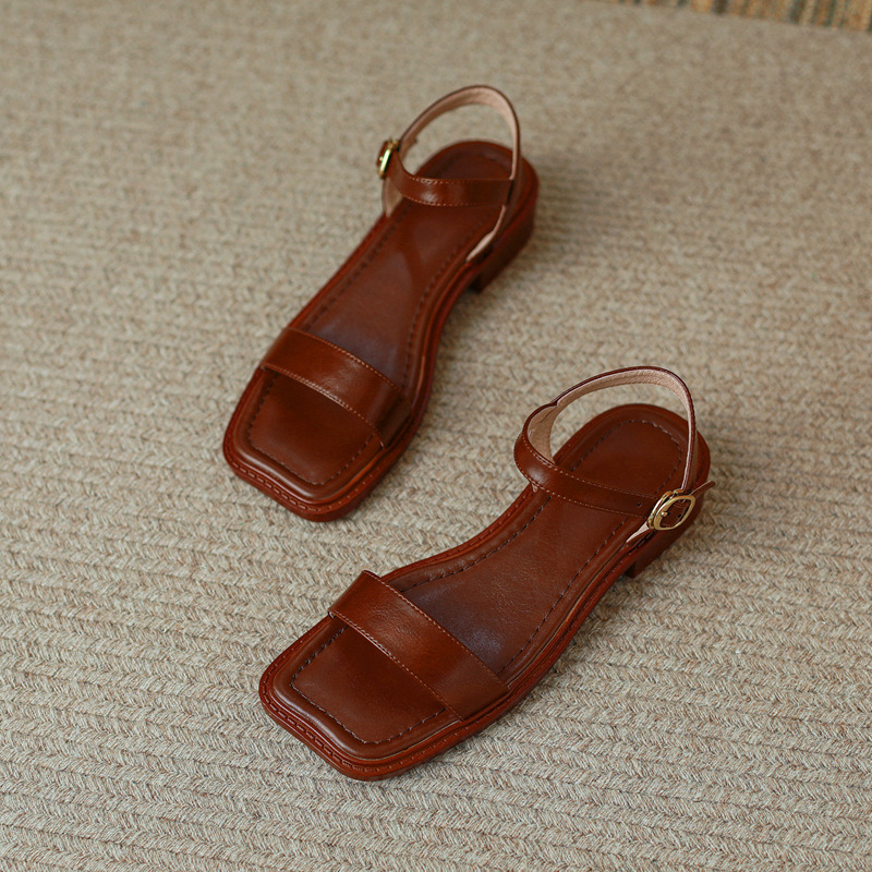 Sandal hở mũi nữ gót thấp quai ngang phong cách học đường — Màu nâu chi tiết 20