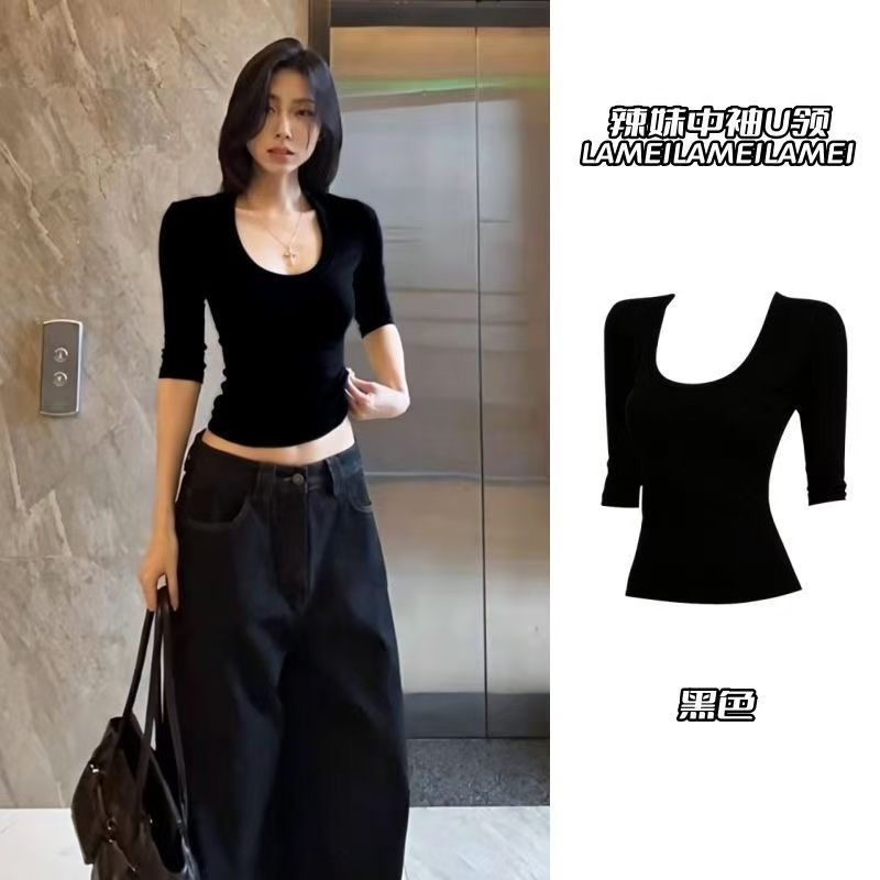 Black Spicy Girl U-Neck Short Slim-Fit Short-Sleeve T-Shirt New Style Mid-Sleeve Slim-Fit Top for Women, Tight-Fitting High-Waisted Half-Sleeve Pure Desire Style