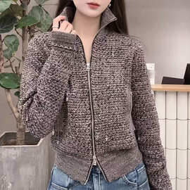 2026春季新款女装气质百搭高领双拉链针织开衫毛衣外套 5Q1312810