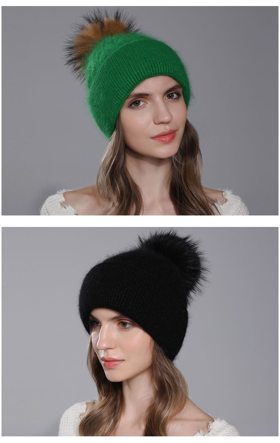Nuevo Gorro de lana con pelo de conejo Angora tejido para mujer, giros de masa frita para invierno, gorro de lana con brida de doble capa, Bola de pelo de perro mapache,_voghion.com