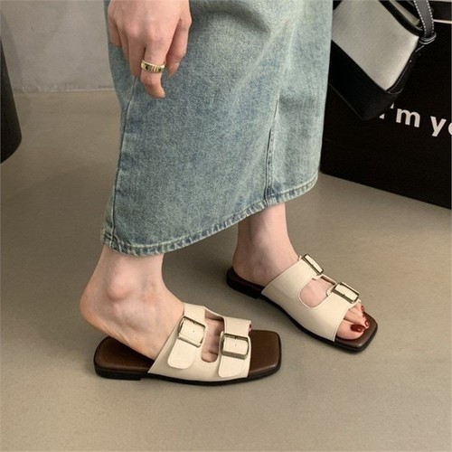 Ladies Slippers, Summer Outerwear, Korean Style French Retro Fairy Wind Beach Sandals, Flat Baren Slippers