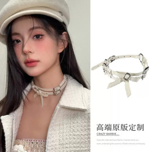 European and American white double-layer belt neck chain belt buckle bow collar personality high-grade necklace sexy fashion girl