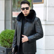 冬中年男士可拆卸内胆皮衣夹克扣子外套绵羊皮大衣真毛领加绒加厚