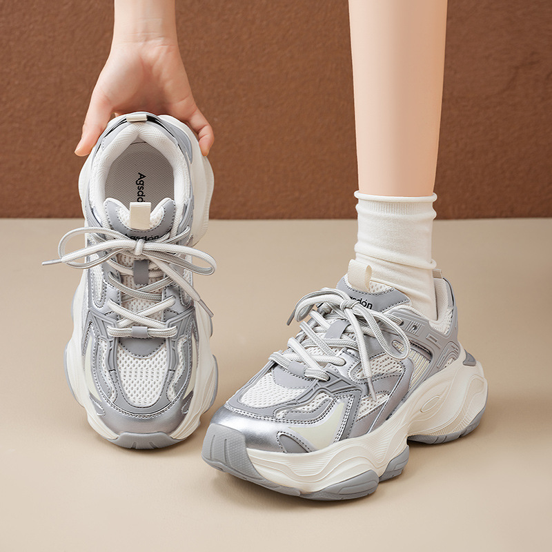 Augu Shi Deng plata zapatos de papá mujeres 2026 nuevas zapatillas deportivas de malla de primavera zapatos de correr casuales altos