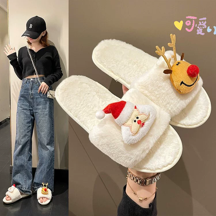 2023 осенне-зимние новые женские тапочки маомао в Корейском стиле, милые повседневные рождественские шлепанцы с плоским дном, нишевые женские сердца