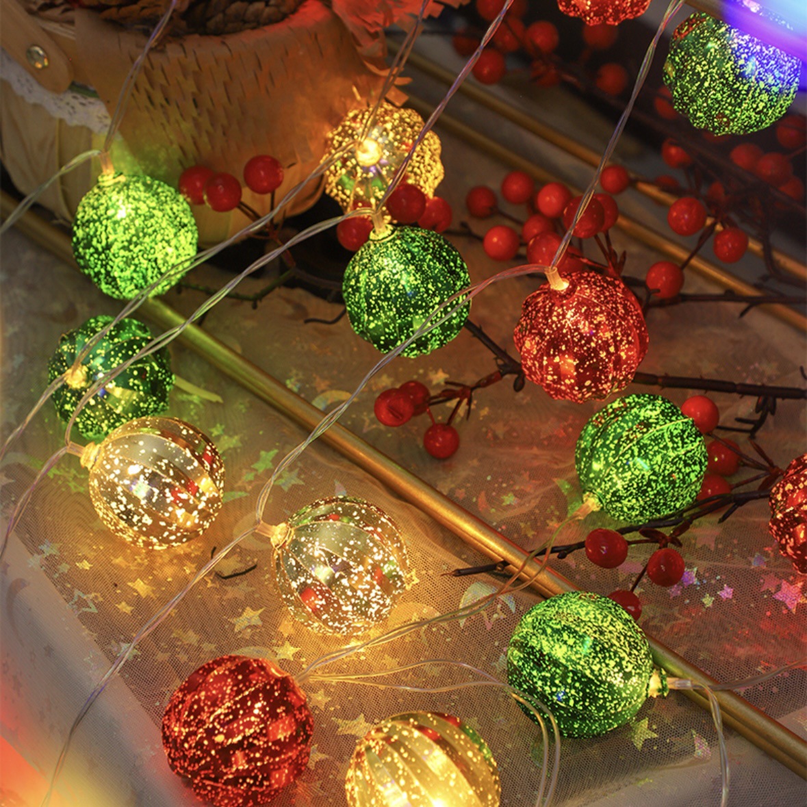 LED de Navidad impresa en color bola galvanizada estrella colgante string de luz decoración árbol de Navidad escena de atmósfera de luz de color