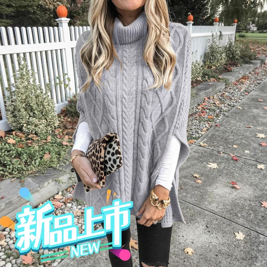 Europa y los Estados Unidos comercio exterior transfronterizo otoño y invierno nuevo estilo de cuello alto color sólido callejero hipster suéter de moda suelta de moda de mujer tela de punto chal image 1