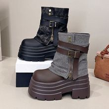 9厚底牛仔裤管靴女2025秋季新款小个子英伦风马丁靴西部短靴子