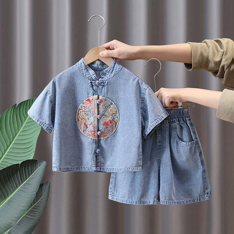 7231 Traje de estilo chino para niños, estilo occidental, traje de dos piezas de mezclilla de manga corta de verano, Hanfu delgado de moda de verano
