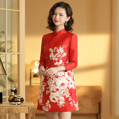 Republic of China retro chinese qipao dress female stand-up collar jacquard cheongsam dress sleeve chinese wedding party dress