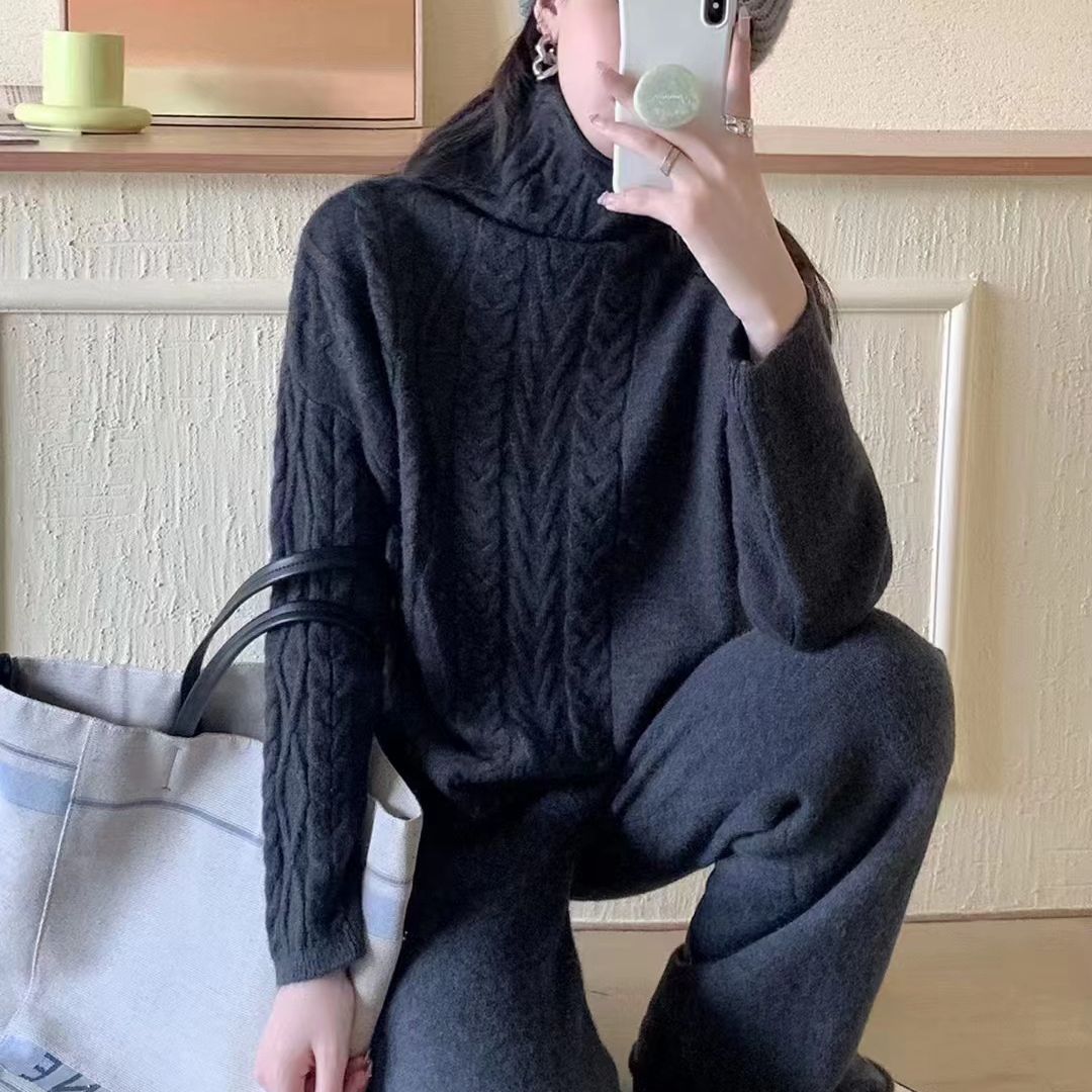 (2개) 하이 칼라 트위스트 와이드 레그 팬츠 2 피스 여성용 2023 가을 및 겨울 새로운 한국 스타일 스레드 게으른 스타일 니트 스웨터