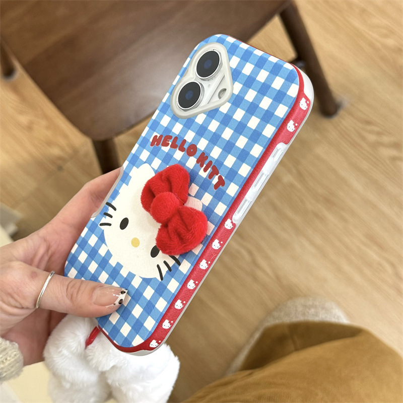 Gato kt a cuadros azul coreano de nicho para Apple 15pro/16pro Fun 14 Bowknot 13p girl