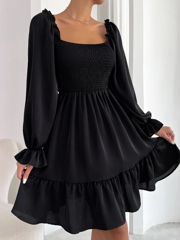 2025Temu European and American French Simple Square Neck Parallel Crepe Bodice Ruffled Hem Dress