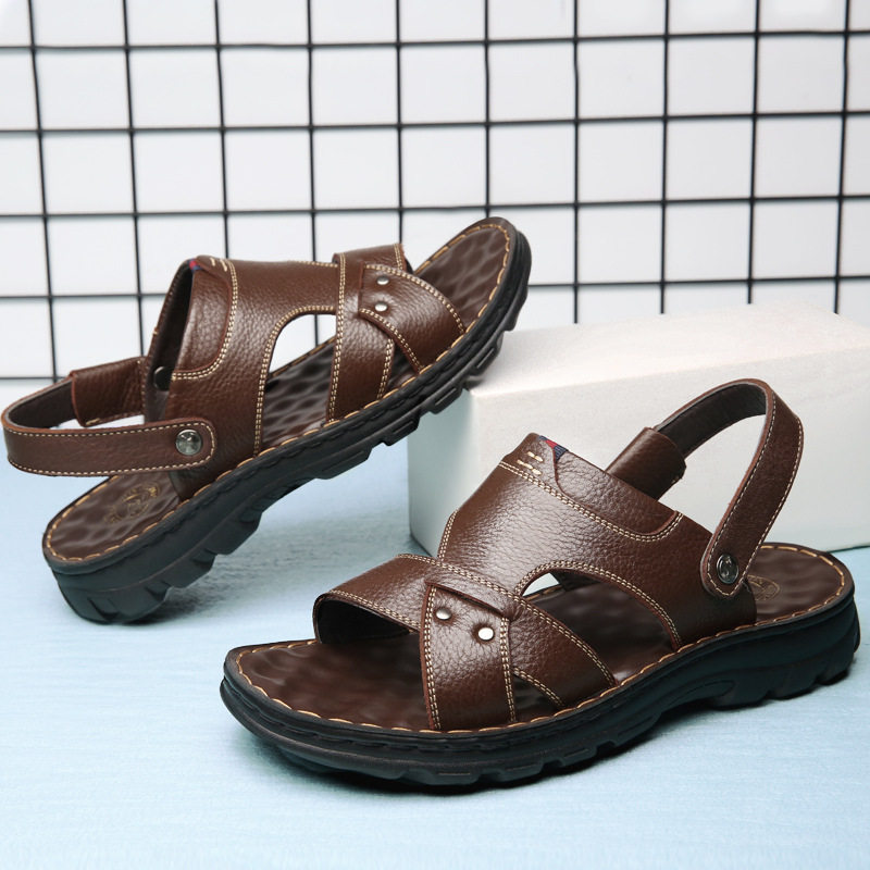 Dép sandal nam da bò thật hở ngón đế mềm chống trượt kiểu mới mùa hè — 10321-J màu nâu, 10321-J màu đen