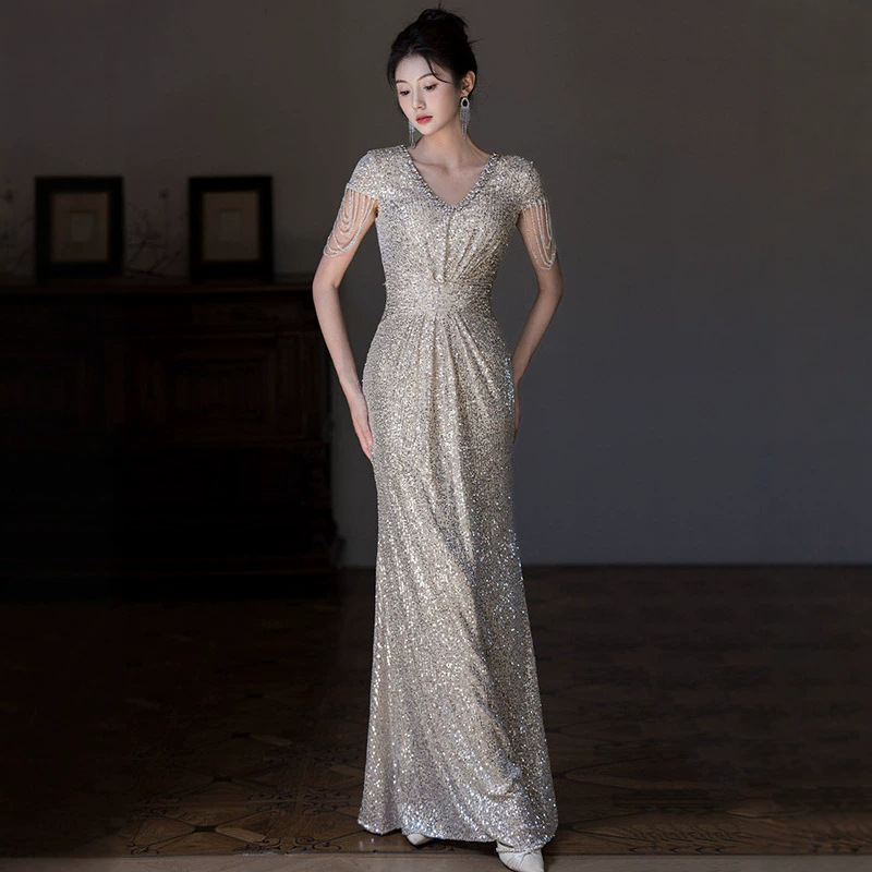 Elegant Silver Sequin Fringe Evening Gown, Mermaid Tail Dress For Formal Banquets, Hosting, Gala Dinners, Pageants_ecoleips.com