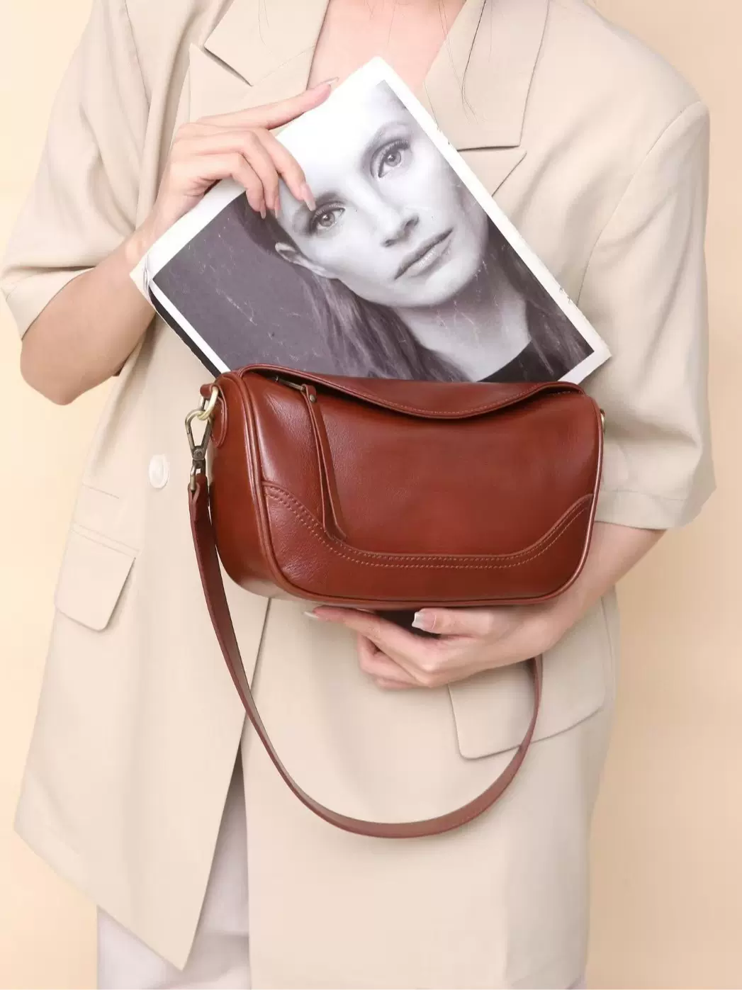 头层植鞣牛皮女包高级感复古枕头包跨境单肩斜挎包真皮饺子包9932