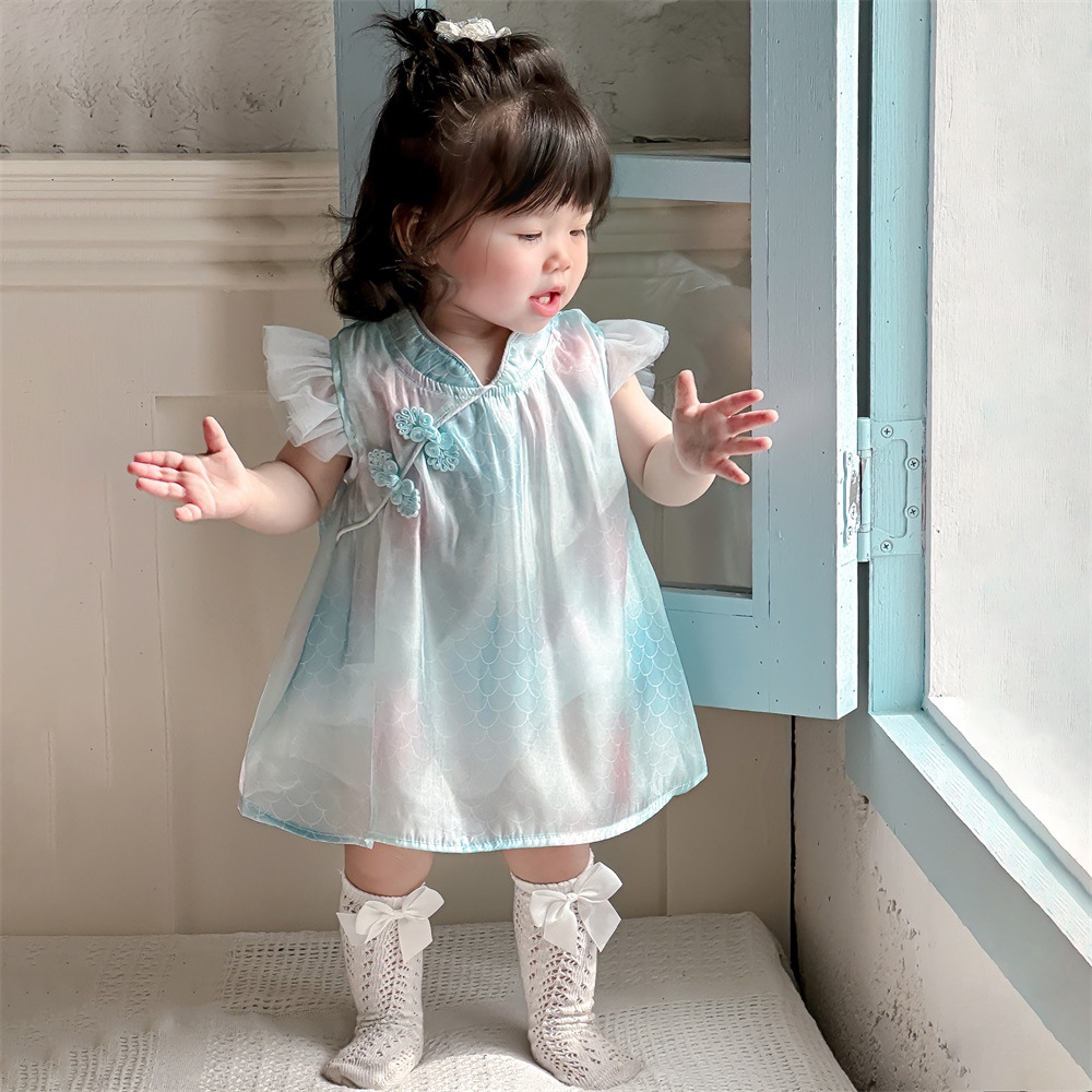Vestido de niña verano a vestido de princesa de estilo occidental nueva sirena azul Ji bebé nueva falda china 1