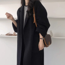 韩国chic秋冬高级气质西装领大口袋绑带收腰显瘦中长款毛呢外套女