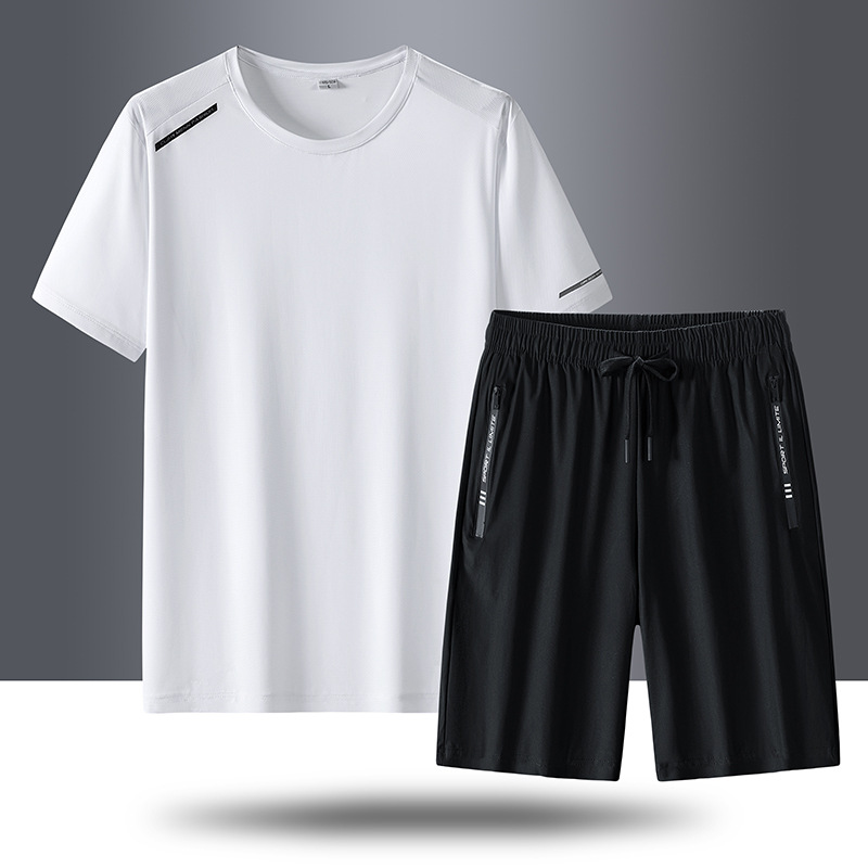 Traje de seda de hielo de deportes de secado rápido para hombres, pantalones cortos de secado rápido de verano para hombres, ropa deportiva de manga corta, pantalones de cinco puntos al por mayor