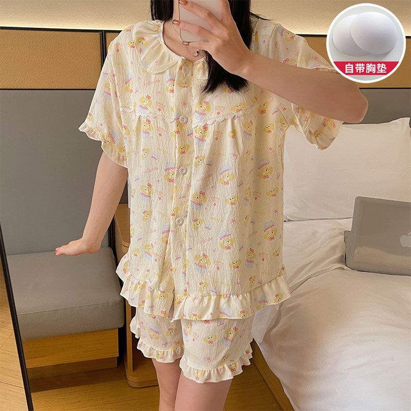 Pijamas de algodón nubes al por mayor transfronterizos mujeres con cojín de pecho cardigan de verano pantalones cortos de mangas cortas dulces y sueltos set de ropa para el hogar