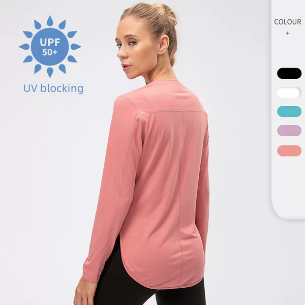 Women's Yoga Clothing Split Long Sleeve UPF50 + Sunscreen Sportswear UV Anti-UV Running Fitness Loose T-shirt 12530
