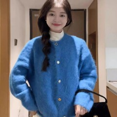 、シベイエル・クラインブルーのニットカーディガン、女性用、秋冬、柔らかく滑らかなミンクファー、シンプルで多用途、秋の新作