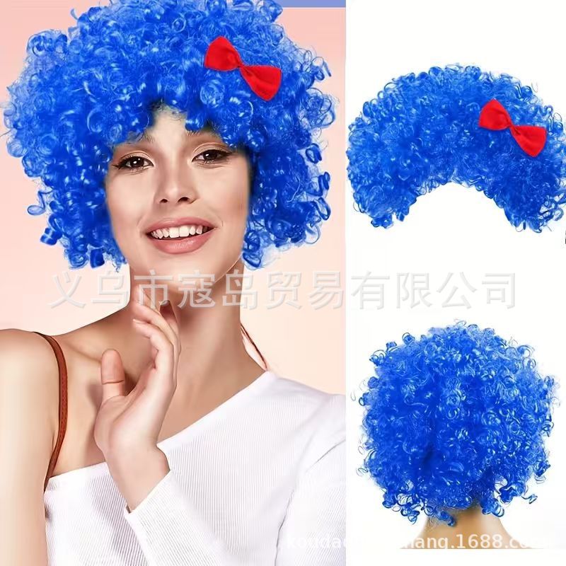 Halloween Blue Fan Hair Disco Afro Cos Party Girl Wig Ladies Wig Curly Hair