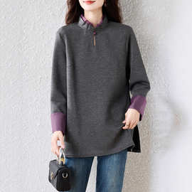 实拍立领拼接烫钻卫衣女早秋年新款时尚上衣新中式大码女装潮