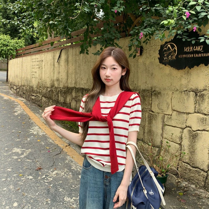 Forever21 Korean Chic Red Striped Short-Sleeve T-Shirt for Women, Summer College Style, Age-Reducing Shawl Layered Top Forever21 Korean Chic Red Striped Short-Sleeve T-Shirt for Women, Summer College Style, Age-Reducing Shawl Layered Top