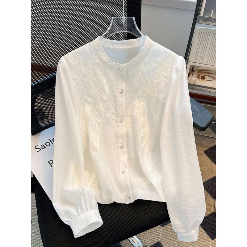 French-Style White Shirt for Women, New Spring Model, Super Pretty Lace-Trimmed Long-Sleeved Blouse, White Top