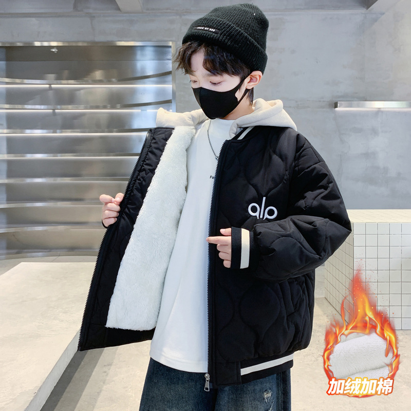 Children's Clothing Boys' Autumn and Winter Fleece-Lined Thickened Hooded Parka Cotton Jacket 2025 New Style Big Kids Casual Embroidered Cotton Coat