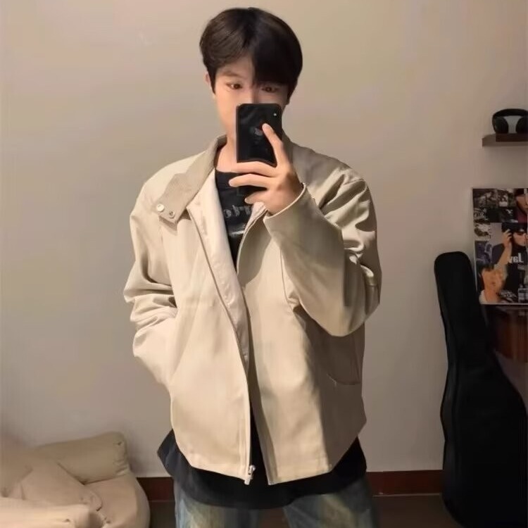 American Retro Spring and Autumn Harrington Patchwork Cropped Silhouette Jacket Stand Collar Coat Men's Casual Stylish Hong Kong Style Top