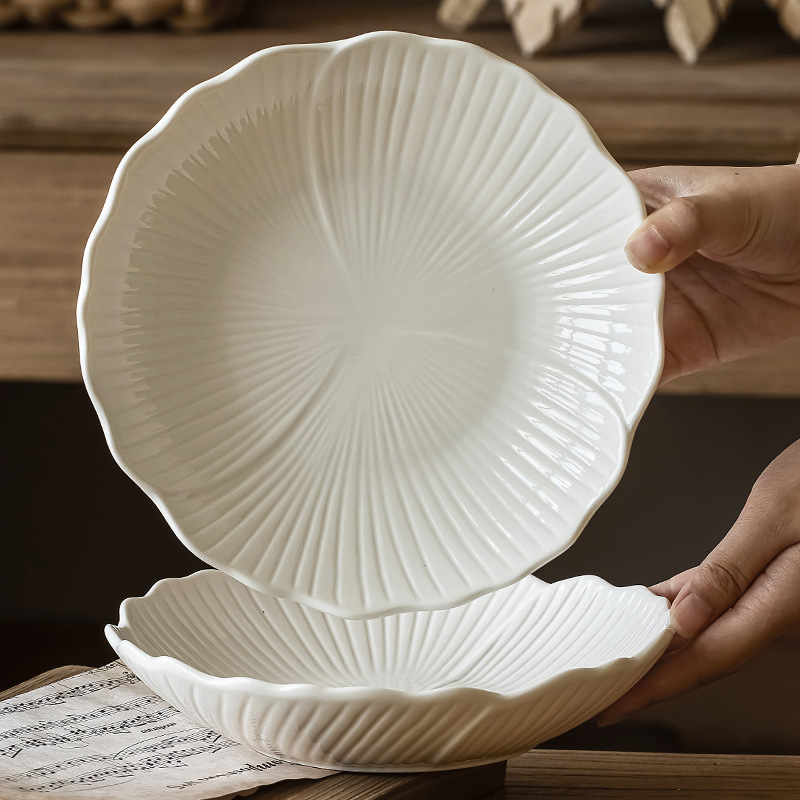 Plato hondo, plato de sopa de alta gama, plato de frutas en forma de flor, ensaladera, plato de plato japonés, plato de desayuno, plato de cerámica para el hogar