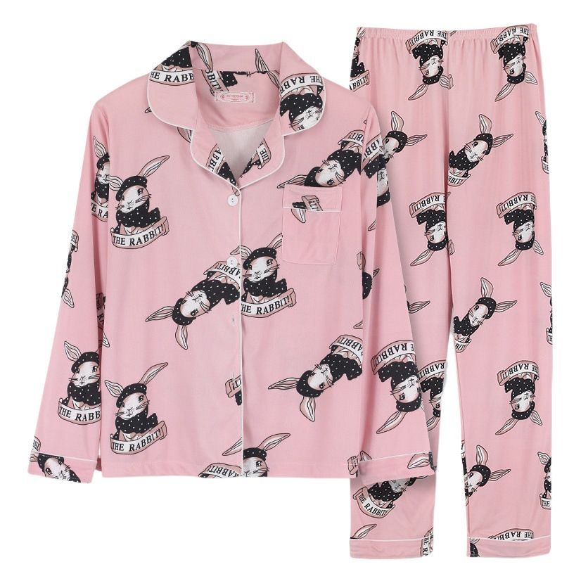 Pijamas de primavera, Otoño e Invierno de las mujeres nueva Chaqueta de punto de manga larga de dibujos animados lindo traje de dos piezas ropa de casa casual ins