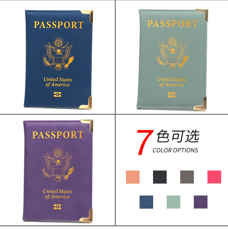 New Cross-border American Passport Holder Leather Slim Lightweight Passport Notebook Gold Hardware Copper Corner Ticket Holder Factory Wholesale