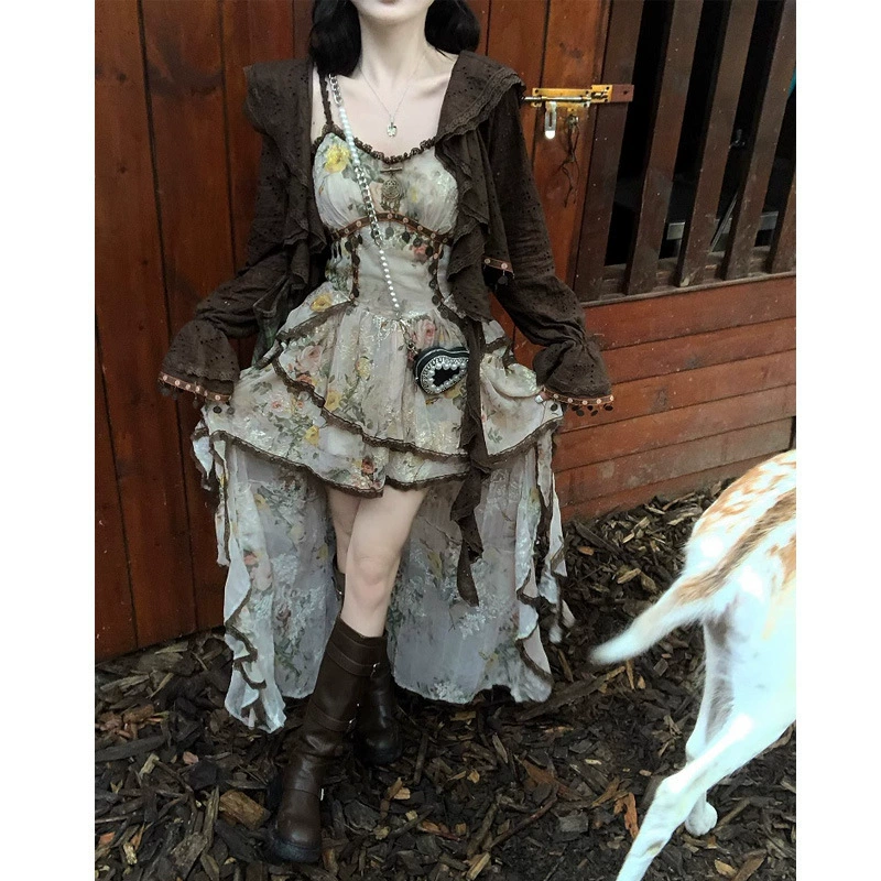 2024 Весна и Осень Богемный ветер нерегулярные подтяжки юбка с рюшами этнический стиль кардиган костюм