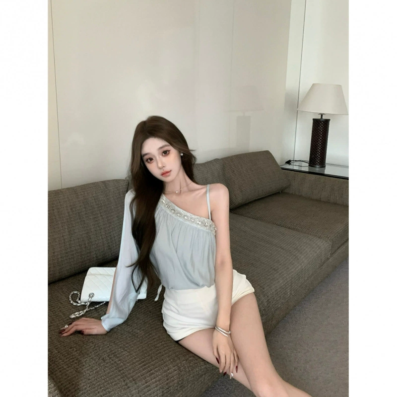 Топ в стиле Korean model [аксессуары] Летняя новая темпераментная женская маленькая блузка прикрывает тело и визуально стройнит шифоновый топ с камнями для женщин