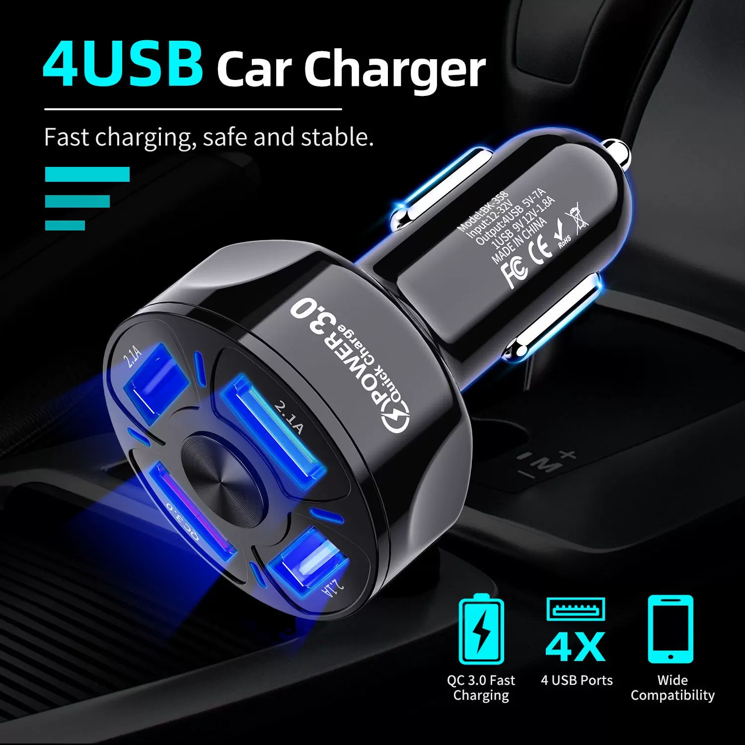 车载4USB快充车内手机充电器QC3.0汽车快充车充3.1A点烟器转换头