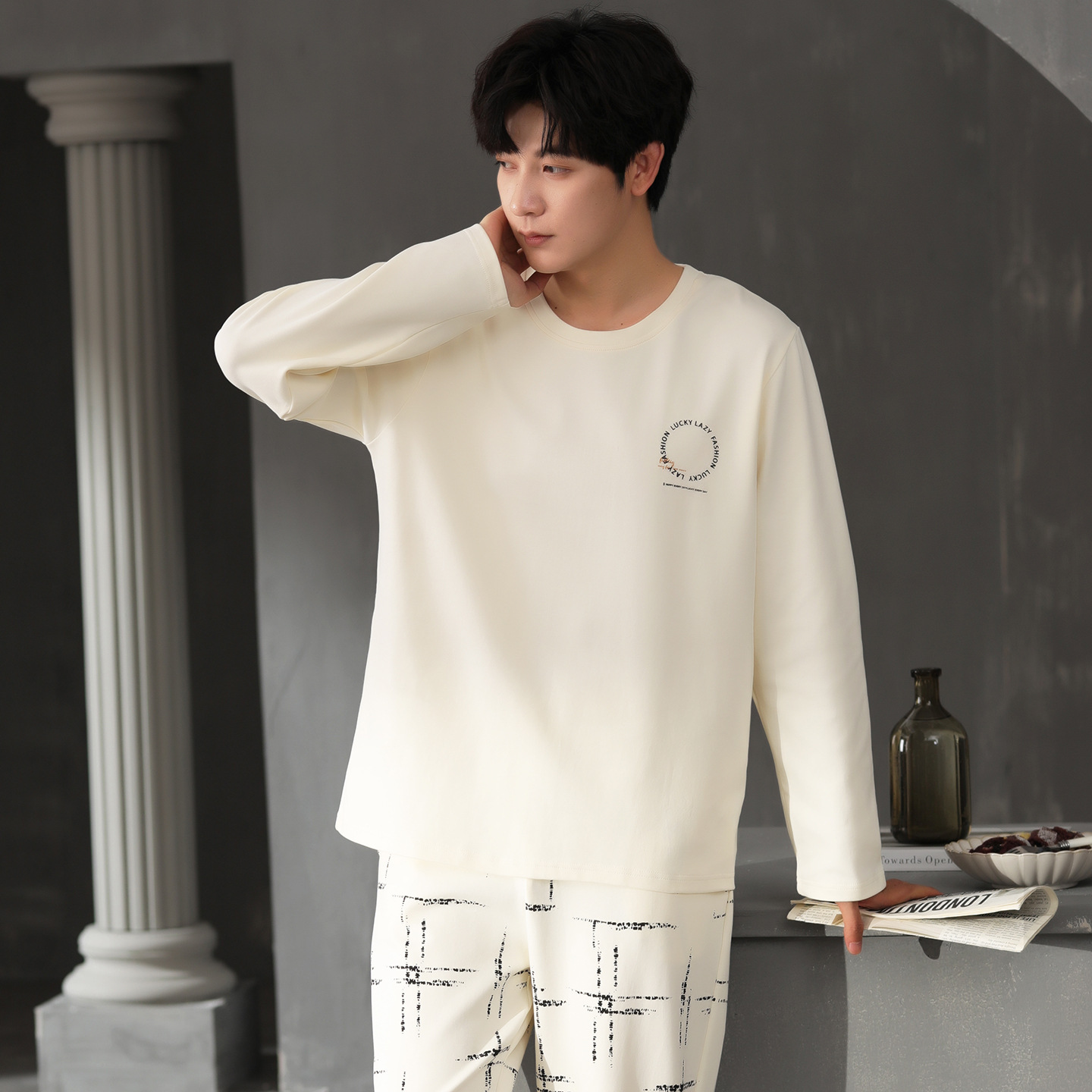 2025 New Pure Cotton Pajamas for Men, Spring & Fall Round Neck Pullover Student Cartoon Long-Sleeved Home Clothes Set That Can Be Worn Outside