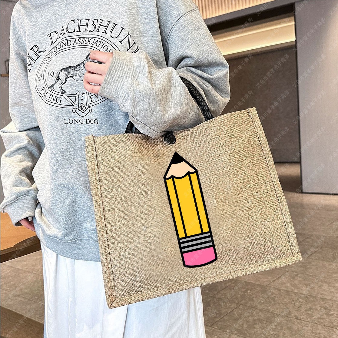 外贸热卖Teacher Life印花亚麻包单肩包教师节礼物学生手提购物袋