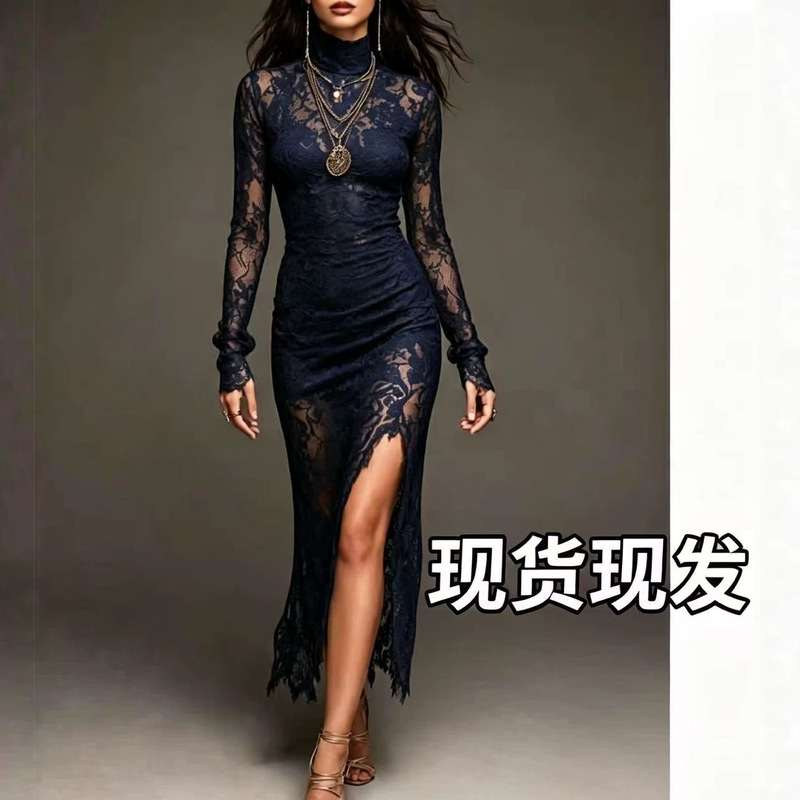 2026 European and American women's fashion high-neck lace long-sleeve slim-fit slit midi bodycon dress, new autumn women's clothing 2026 European and American women's fashion high-neck lace long-sleeve slim-fit slit midi bodycon dress, new autumn women's clothing